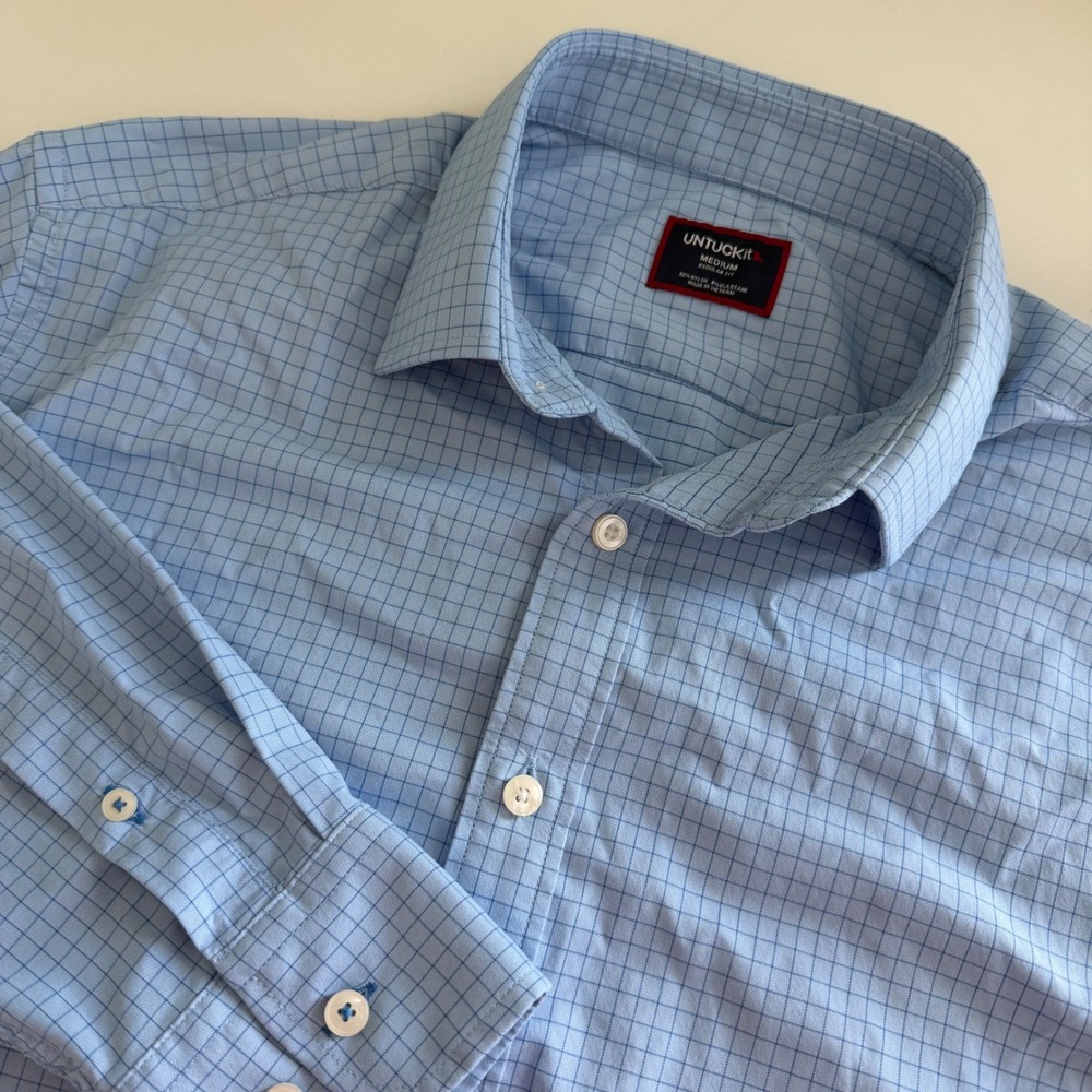 UNTUCKit Austin Perf Shirt Mens Medium Regular Fit Blue Grid Performance 41946